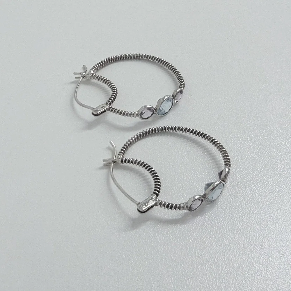 Large Sterling Thin Cable Hoops Amethyst and Blue Topaz 6 Grams Pierced Ears